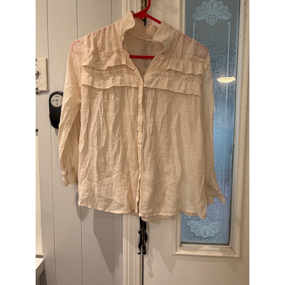 E&M Cream Ruffle Trim Gauze Button Down Blouse with Back Ribbon Tie Size Large